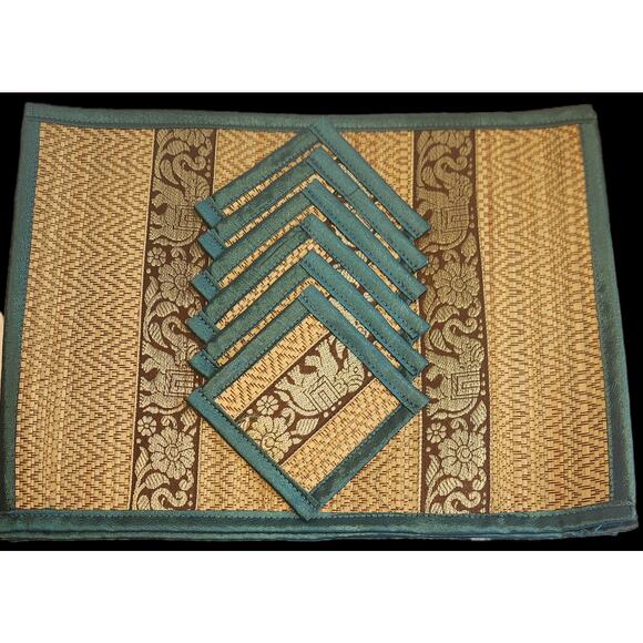 Thai Coasters Placemats Turquoise Mat Silk Reed Elephant Table Brown Color Set 6 - Picture 1 of 4